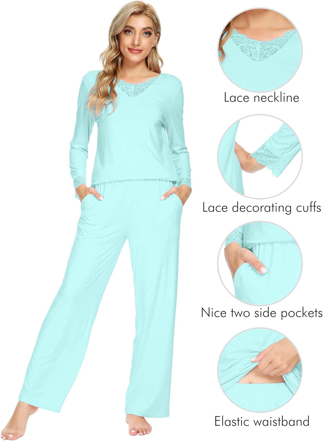WiWi Bamboo Viscose Pajamas Sets for Women Lace Trim Long Sleeve Sleepwear Lounge Sets Plus Size Pjs with pockets S-4X - Image 4