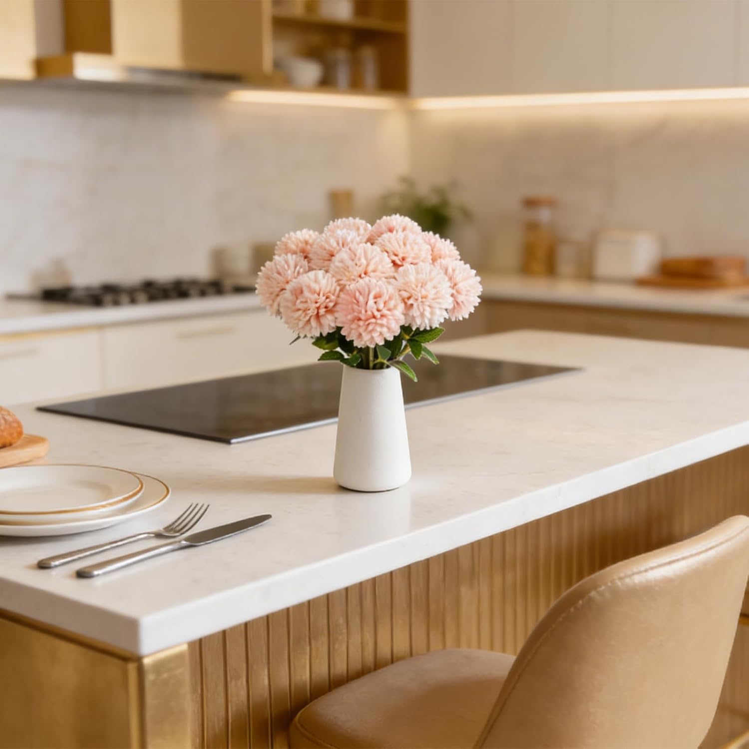 12Pcs Artificial Chrysanthemum Ball Flowers with Ceramic Vase, Faux Silk Mum Floral Arrangement for Table Centerpiece, Spring Home Decor, Wedding, Office, Coffee Display(Champagne Pink)