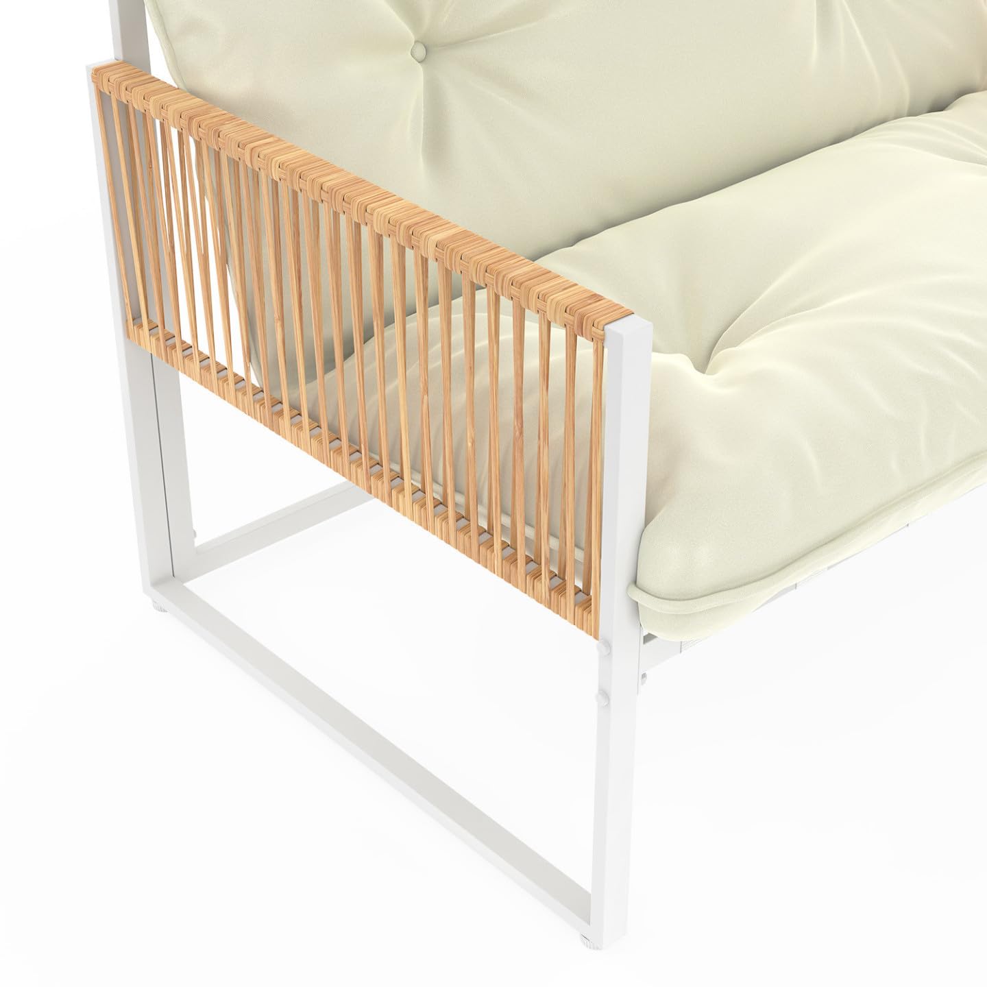 IDMarket - Juego de muebles de jardín bajo Rio de 8 plazas, estructura de metal blanco y cuerda efecto ratán con cojines beige