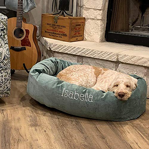 Image of Majestic Pet Personalized Bagel Dog Bed - Machine Washable - Soft Comfortable Sleeping Mat - Durable Bedding Supportive Cushion Custom Embroidered - Available Replacement Covers - Medium Blue