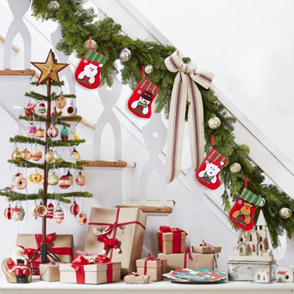 4 Styles 12Pcs Mini Christmas Stockings Christmas Hanging Stockings Bulk 3D Plush Santa Snowman Reindeer Bear Decorations for Home Decorations Tree Ornaments Party Favor Supplies Gift Holder