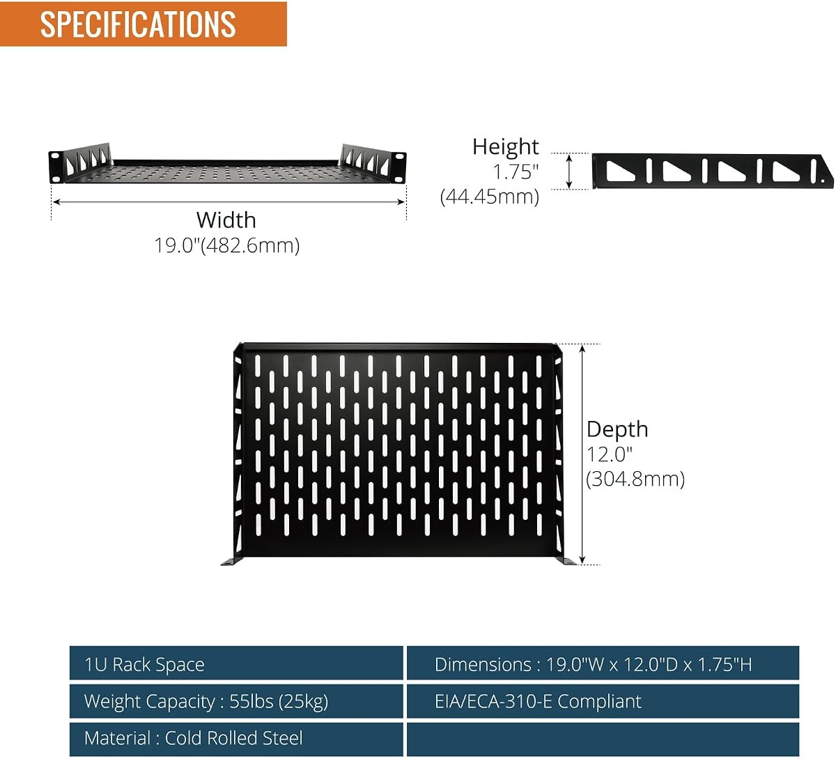 Tecmojo 1U 2Pack Rack Shelf,19 inch Rack Shelf 300mm Depth,Rack Mount Shelf with Anti-Slip Stops,Server Rack Shelf and Network Shelf for 19 in Equipments, 110lbs Capacity of Vented 1U Shelf,Black