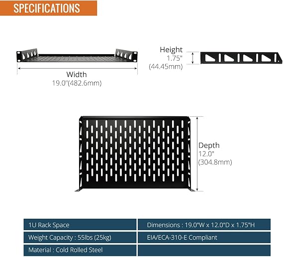 Tecmojo 1U 2Pack Cantilever Shelf, 304.8mm Depth, 19inch Rack Mount with Anti-Slip Stops, Server and Network Rack Shelf, 55lbs(25kg) Capacity, Vented 1U, Black