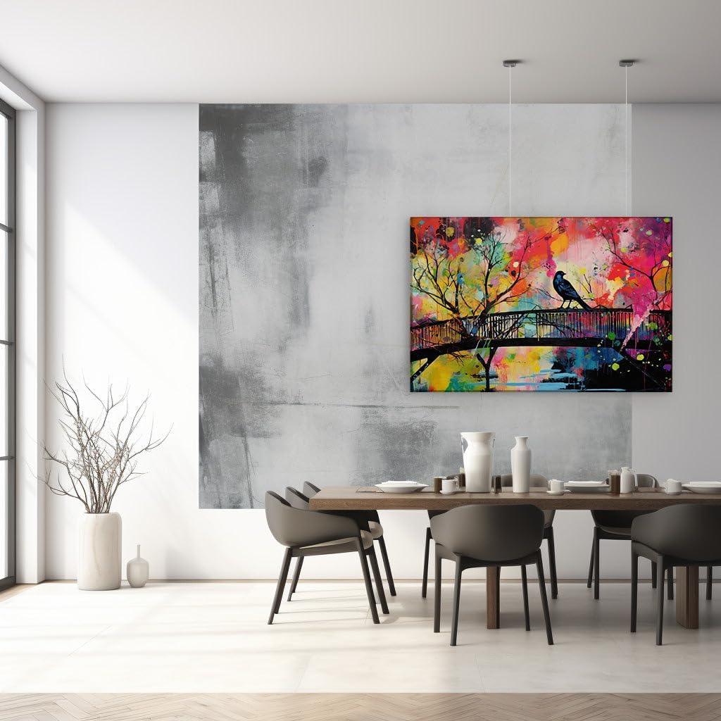 Canvas for Living room. Bridging Vibrance: The Bold Essence of a Black Bird Amidst a Colorful Celebration, 27 x 18 inch Canvas Wall Art - Ready to Hang