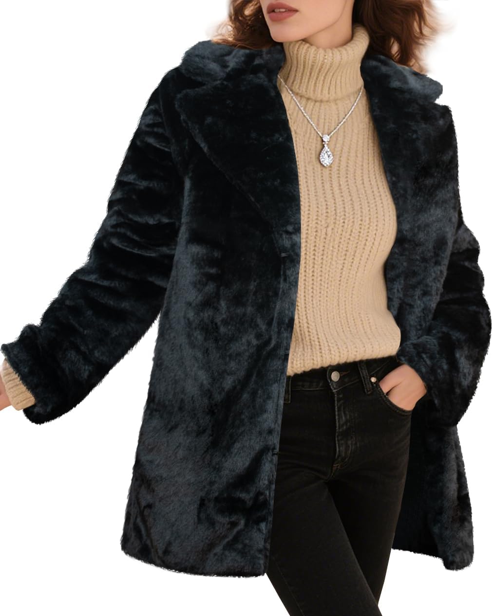 Womens Long Faux Fur Coats Lapel Faux fur Jacket Fluffy Coats Fuzzy Winter Jacket with Pockets