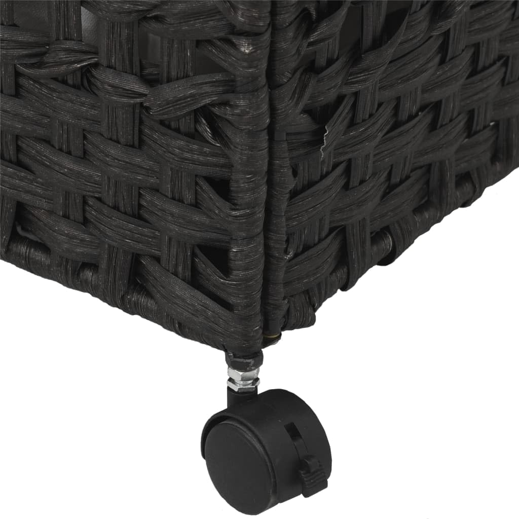Wäschekorb mit Rollen Schwarz aus Rattan 66 x 35 x 60 cm, 3 Fächer, mit Deckel, klappbar, Wäschebox, Wäschesammler, Wäschetonne für Bad Schlafzimmer Waschküche, platzsparende Ordnung