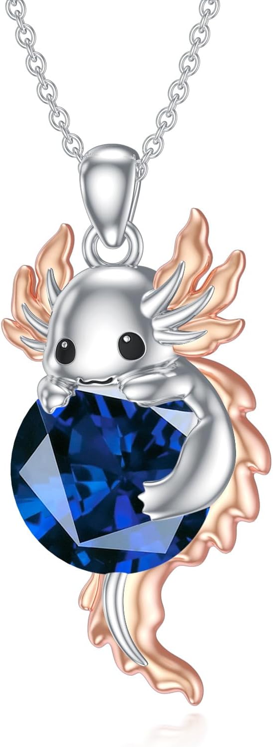 SLIACETE Axolotl Ketting voor dames, 925 sterling zilver, rozenkwarts, maansteen, geboortesteen en axolotl hanger, zilveren axolotl halsketting, cadeau voor Axolotlliefhebbers, Sterling zilver, Kwarts