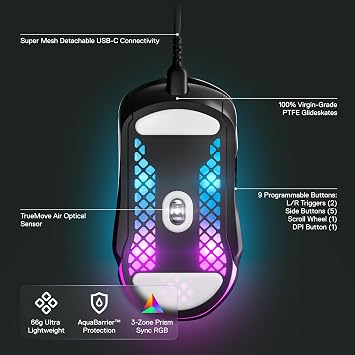 SteelSeries Aerox 5 - Holey RGB Gaming Mouse - Ultra-Lightweight Water Resistant Design - 18K DPI TrueMove Air Optical Sensor - 9 Programmable Buttons