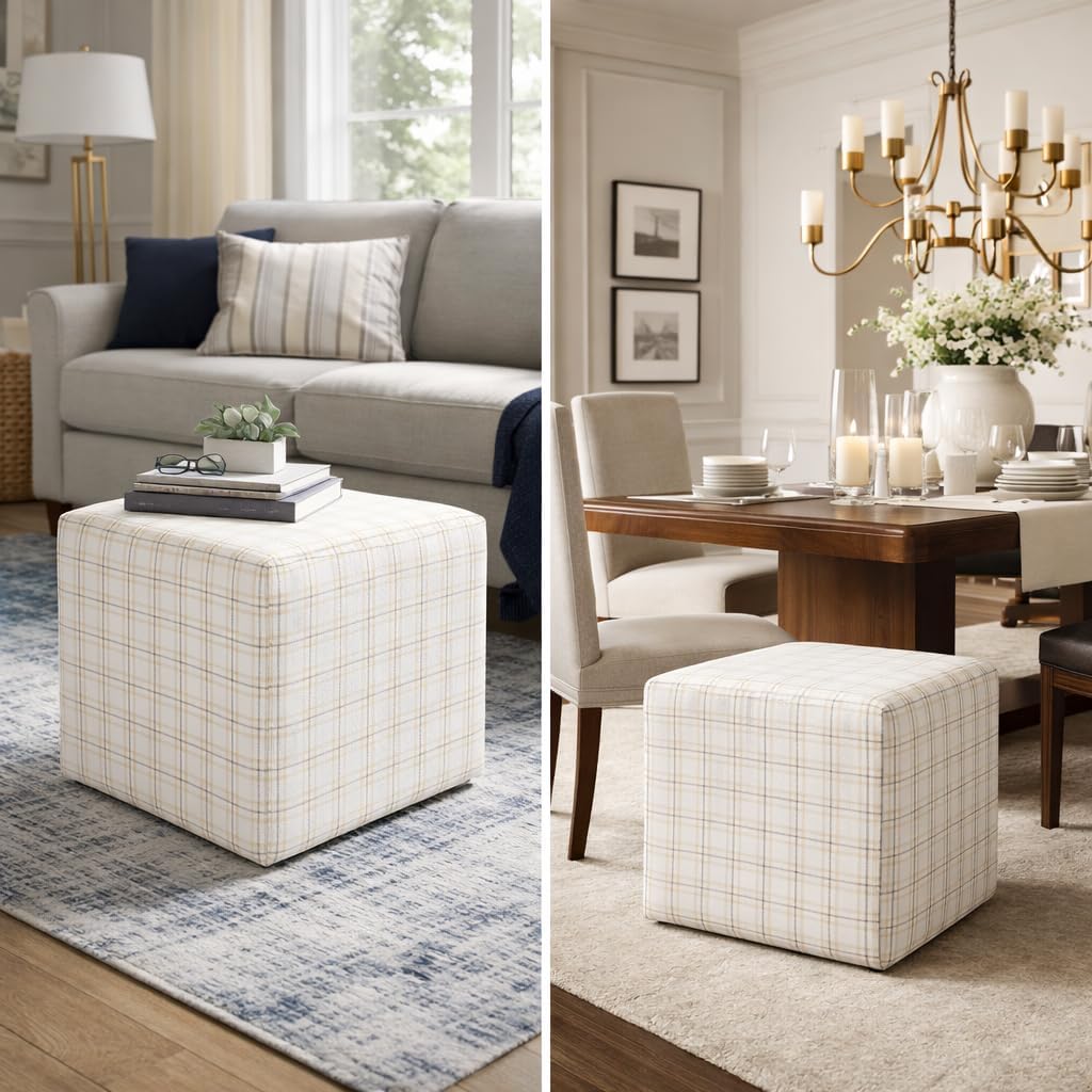 HomePop 19” Square Upholstered Ottoman with Solid & Engineered Wood Frame, Modern Cube Accent Stool for Living Room, Bedroom or Entryway - Natural Plaid Woven Fabric