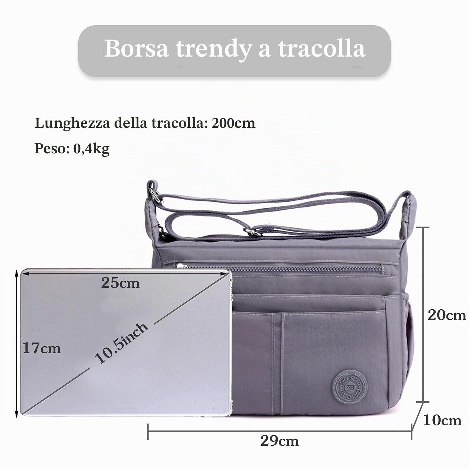 FANDARE Leggero Borsa a Spalla Tracolla Donna Casuale Monospalla Impermeabile Nylon Università lavoro Ciclismo Viaggio Palestra Sling Bag Grigio