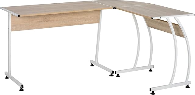 HOMCOM L Shape Computer Desk Corner Display Table Laptop Study Desk Minimalist Space Saving Wood Steel Gaming PC Workstation for Home Office 112.5x152x74cm Natural