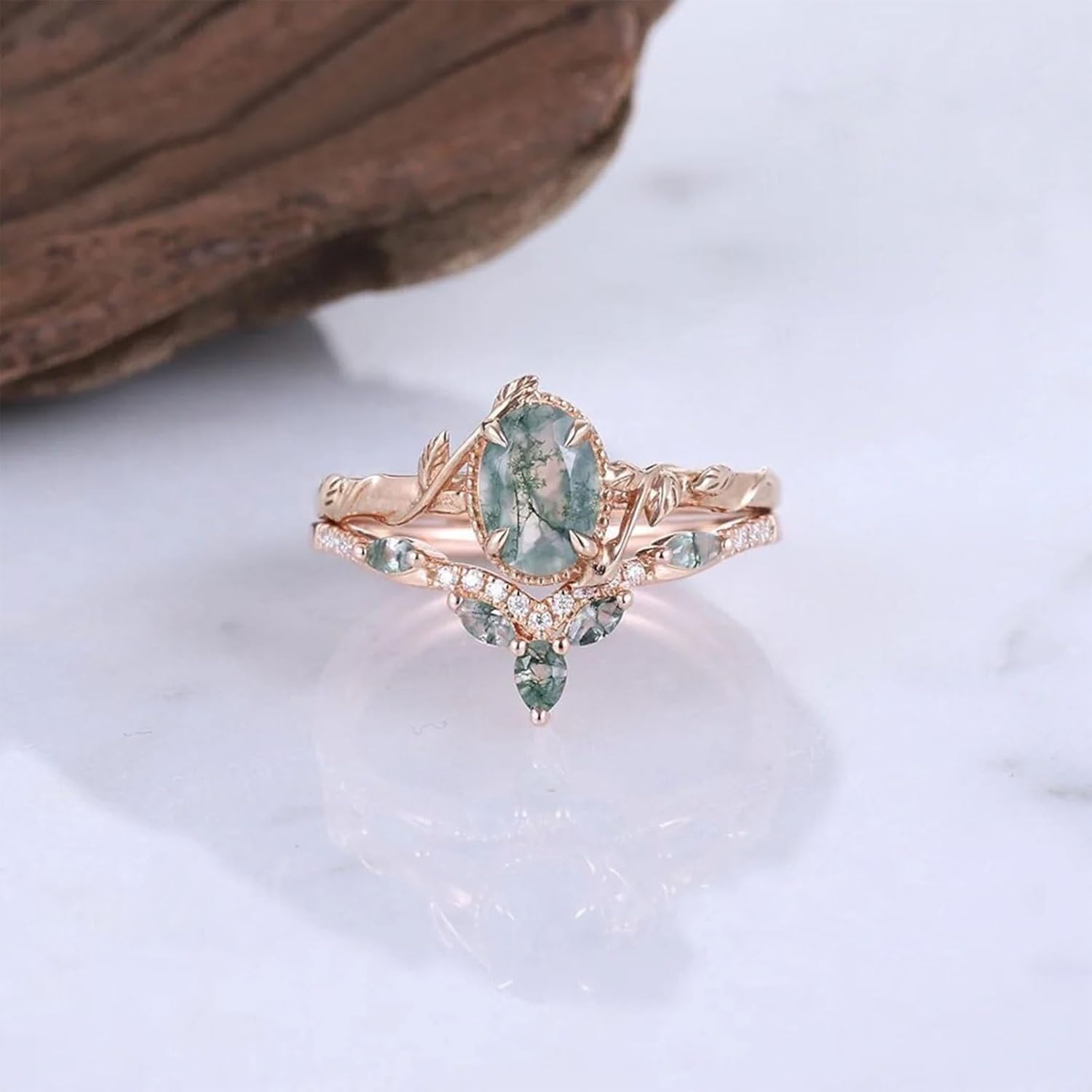 Natural Moss Agate Ring for Women 925 Sterling Silver Green Moss Agate Set Ring for Women Promise Ring Engagement Moss Agate Jewelry for Wedding/Anniversaries/Daily