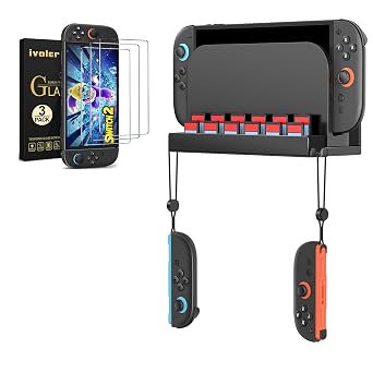ivoler for Nintendo Switch 2 2025 3-Pack Tempered Glass Screen Protector with Alignment Frame + Metal Wall Mount Stand with Built-in Game Card Storage & Joy-Con Holders