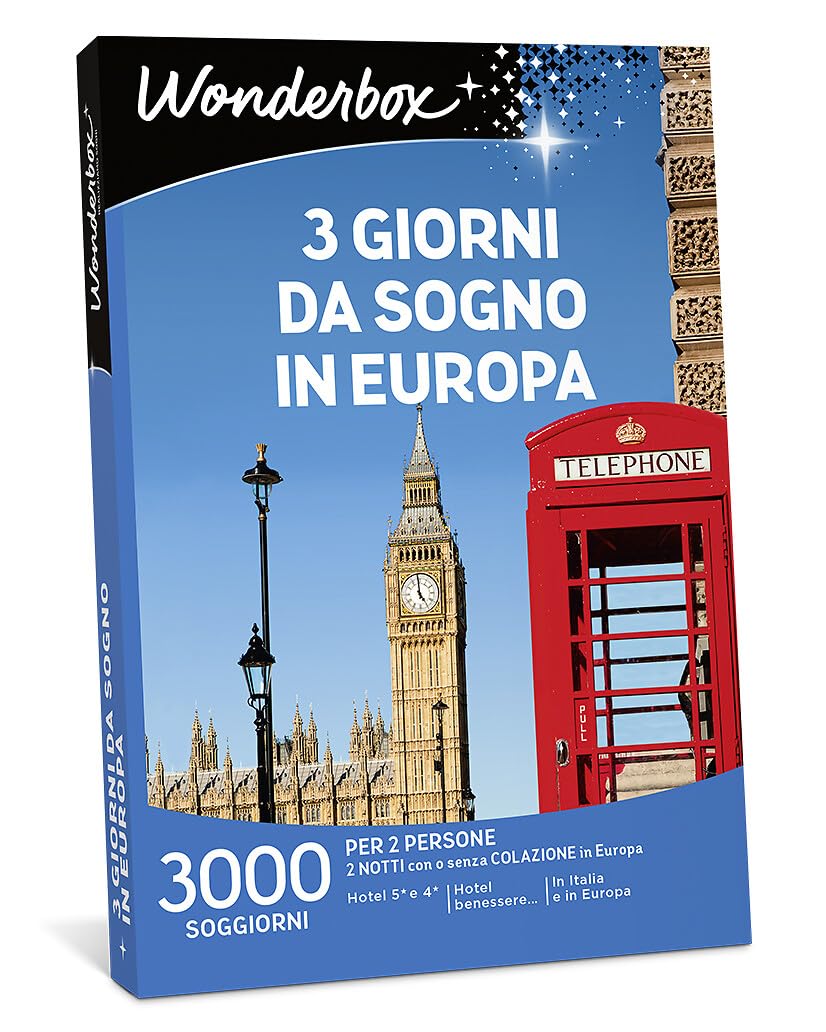 WONDERBOX - Cofanetto Regalo - 3 Giorni da Sogno in Europa - per 2 Persone | 2 notti + 2 colazioni - Più di 3000 soggiorni - Hotel 4* e 3*, hotel benessere in Italie e in Europa