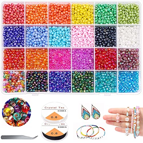 Prettme 6000 Stück 4mm 6/0 Perlen Set Glasperlen zum Auffädeln Rocailles Perlen Armband Perlen Perlenset mit Elastischen Schnur, für DIY Basteln Armbänder Schmuck Ohrringe Schmuckherstellung Cover