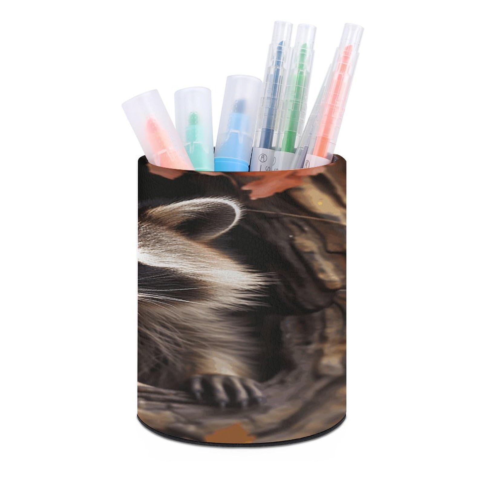 VstaDank Raccoon in The Fall Tree Hole Pen Holder PU Leather Pencil Cup Minimalist Desk Pencil Holder Round Make Up Brush Organizers For Office Dorm Room&Vanity Desk Accessories