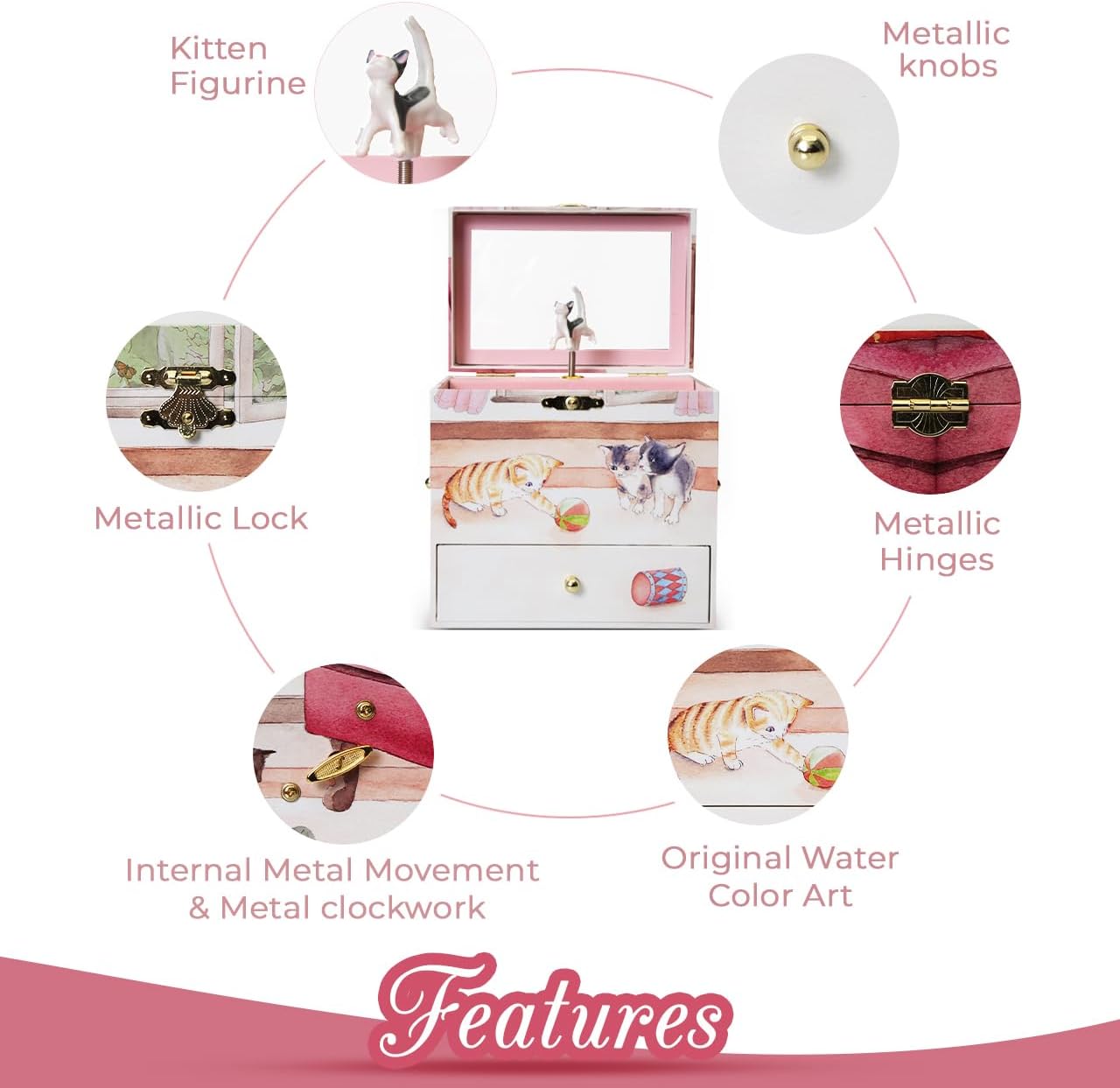 Enchantmints Curious Kittens Musical Jewelry Box Cat Spins to Ode to Joy 3 Pullout Drawers Treasure Storage - Image 4