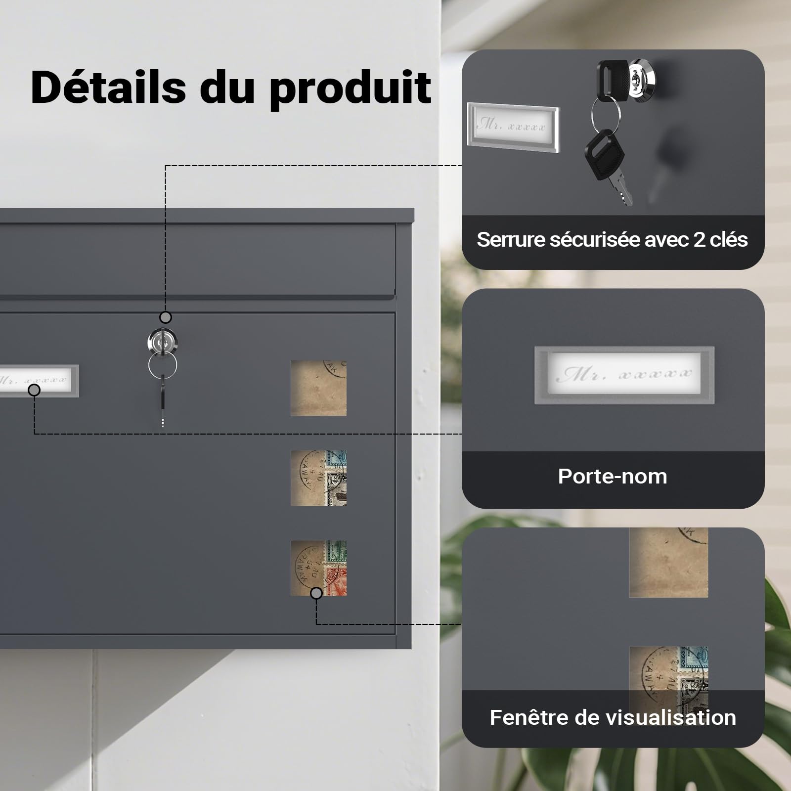 Wiltec Boîte aux Lettres Murale V12, Verrouillable, Couleur Anthracite, Acier galvanisé, 360 x 115 x 320 mm, avec Clapet, Fenêtres et Porte-nom