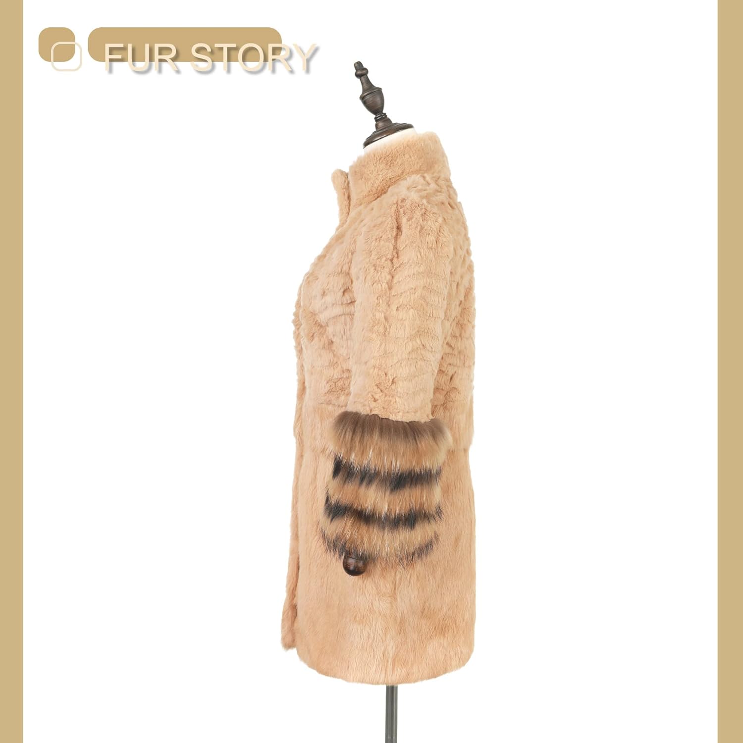 Fur Story Women's Genuine Rabbit Fur Coat With Fox Fur Cuffs Warm Winter Coat Black Long Jacket - Image 4