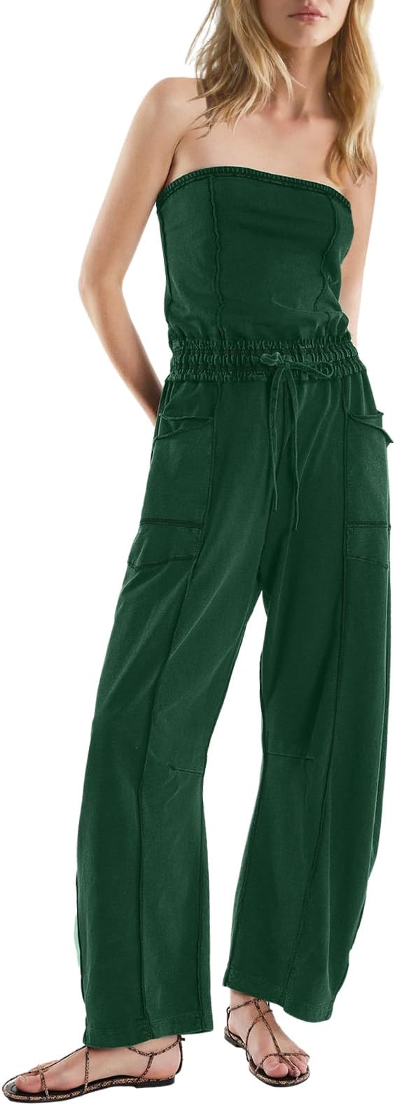 LAMISSCHE Womens Casual Strapless Jumpsuits off the Shoulder Summer Rompers Sleeveless One Piece Outfits with Pockets