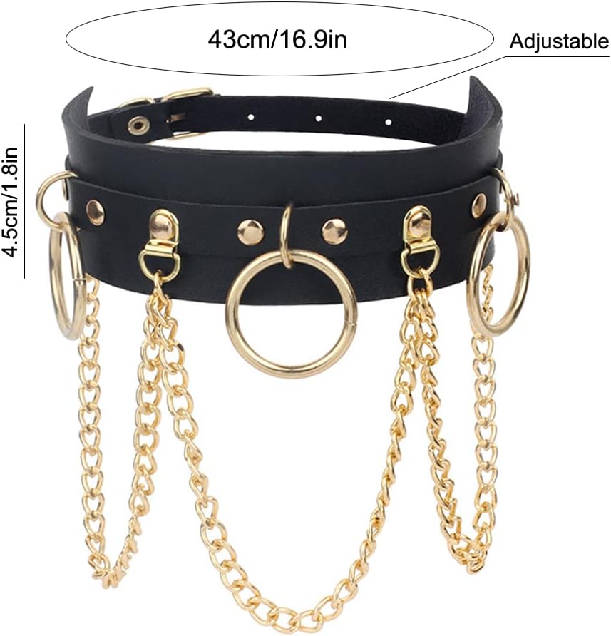 Punk Goth Choker Necklace Adjustable PU Leather Chain Alloy O-Ring Tassel Pendant Choker Vintage Circle Clavicle Collar Halloween Cosplay Costume Accessory for Women, Black Gold - Image 2