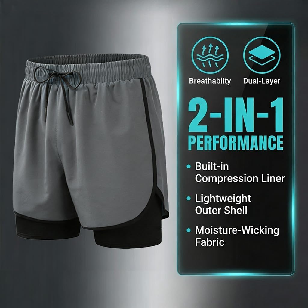 Mens 2 in 1 Running Shorts Quick Dry Lightweight Gym Athletic Workout Shorts with Pockets