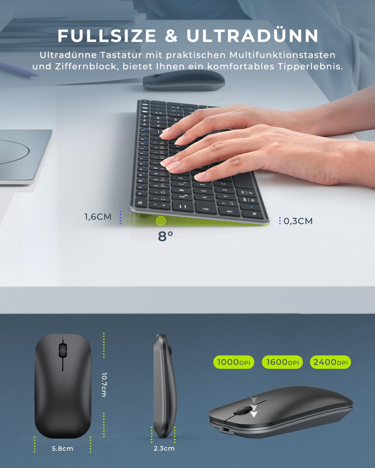 seenda SKM64-3 Clavier Bluetooth avec souris, clavier sans fil pour Windows/Mac/iPad/Android, souris sans fil ultra fine + silencieuse, connexion à 3 appareils, disposition QWERTZ (gris)