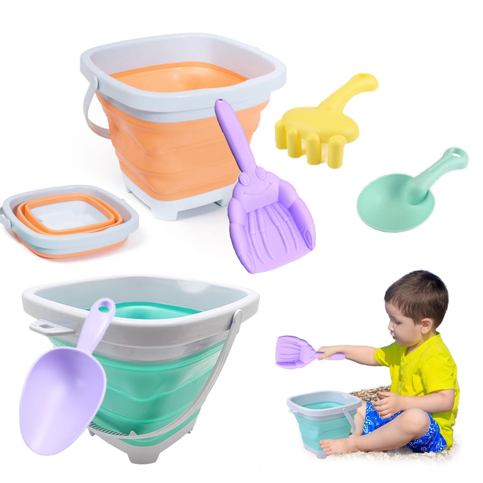 Bucket and Spade Beach Set – 6pcs Foldable Beach Bucket with Shovels and Rake, Collapsible Sand Pail Buckets with Handle, Portable Sand and Water Outdoor Play Tools for Beach, Garden, Travel, A