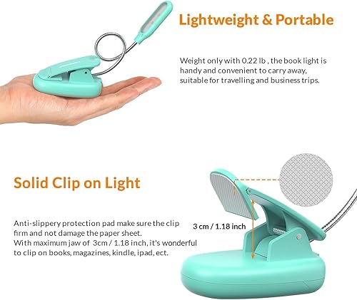 Miniatura 5 de LEPOWER Luz de libro con clip, luz de lectura, luz de clip con 5 LED para el cuidado de los ojos, 3 colores cambiables, lámpara de lectura portátil,
