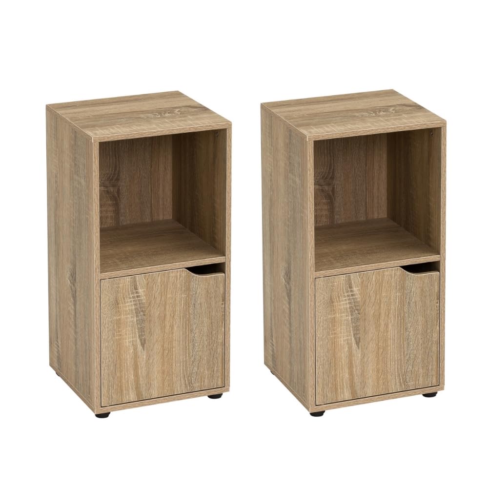 LOLAhome Set de 2 mesitas de Noche1 Puerta, Estantería de Madera, Librería con Puertas y Compartimentos Abiertos, Mueble almacenaje, Color Natural de 30x29x61 cm para para Dormitorio, Salón, Oficina