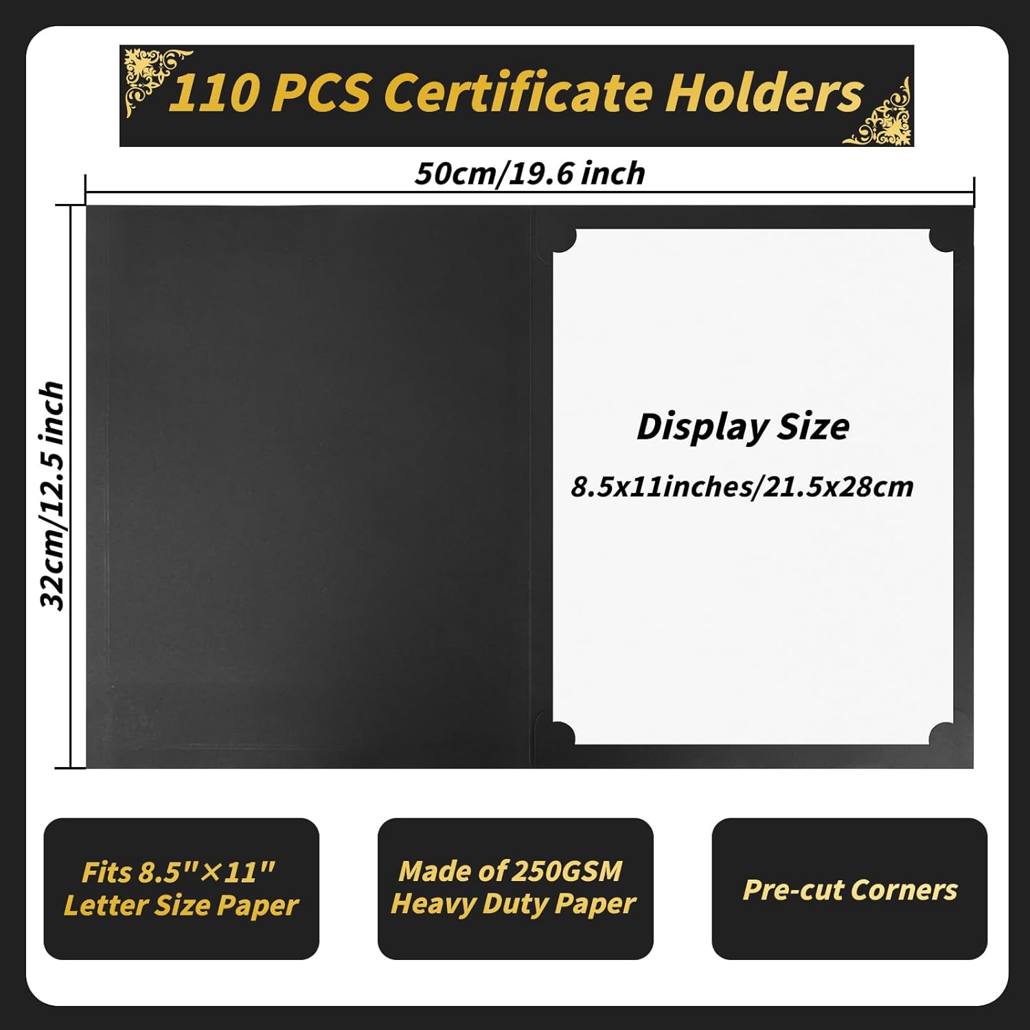Oleitodh 110 Pcs Certificate Holders Bulk, Black Diploma Covers Gold Foil Border, Document Covers for Letter Size 8.5x11 Award Certificates, Cardstock, Document Papers, Graduation