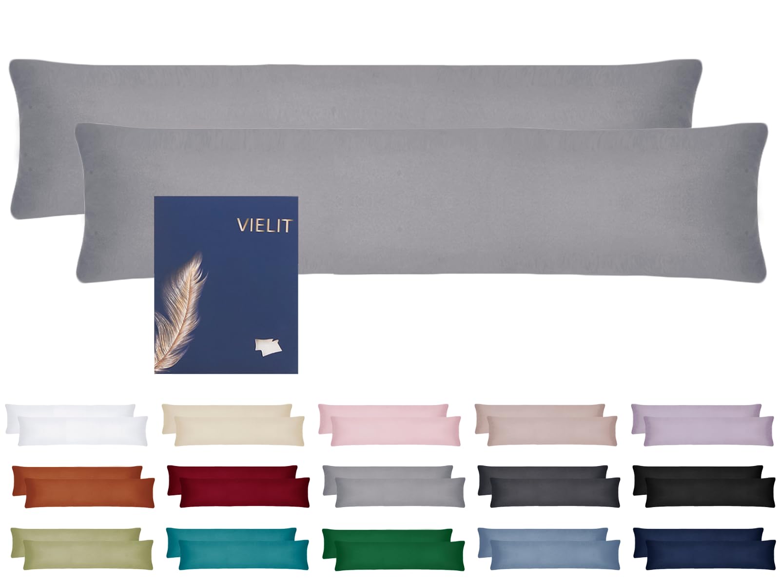 Vielit Seitenschläferkissen Bezug 40 x 145 2er Set Kissenbezug 40x145 Seitenschläfer Kopfkissenbezug Weich Kissenbezüge Kissenhülle Öko-Zertifikat Grau