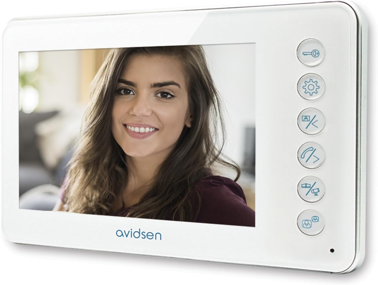 Avidsen YLVA 2+ indoor monitor displaying a clear image of a smiling woman.