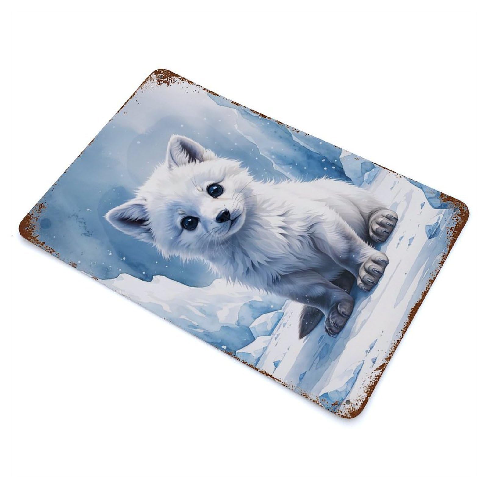 FOX Cub Watercolor 11.8"x7.9" Rust Effect Tin Sign, Rustic Home Decor for Office, Studio And Wall Decor