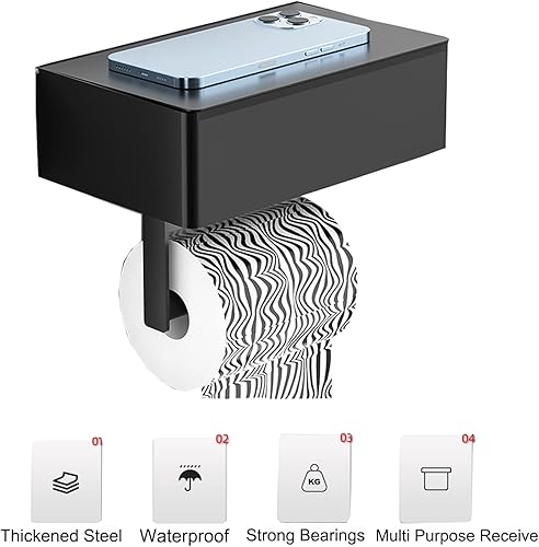 Miniatura 2 de Soporte de papel higiénico con estante para teléfono, soporte multifuncional para pañuelos con dispensador de toallitas, adhesivo de rollo de papel