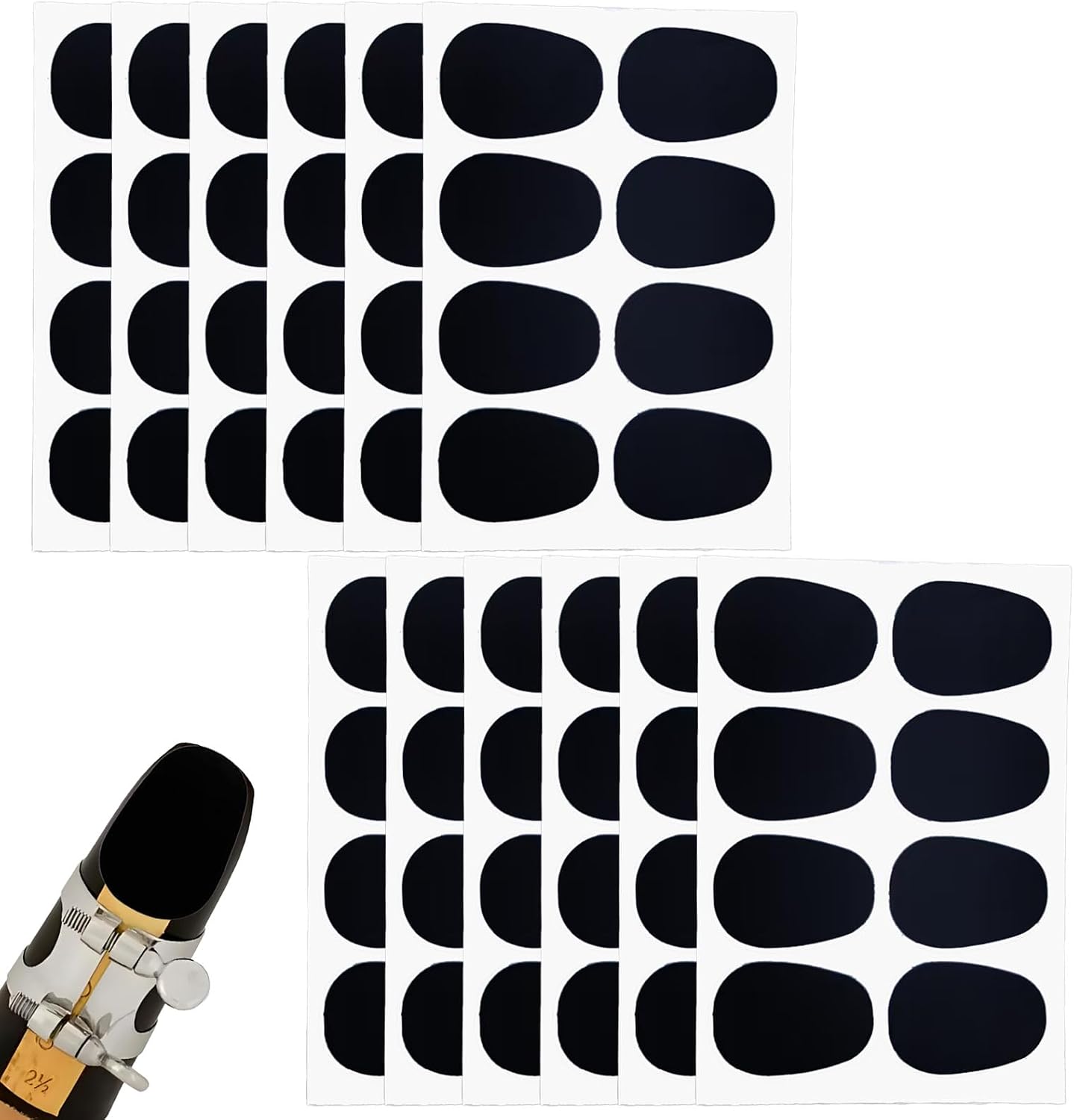 96 Pieces of 0.8mm Thick Saxophone Mouthpiece Pads and Clarinet Mouthpiece Pad, Oval-Shaped Rubber Strong Adhesive, Suitable For Beginner Musicians - Black
