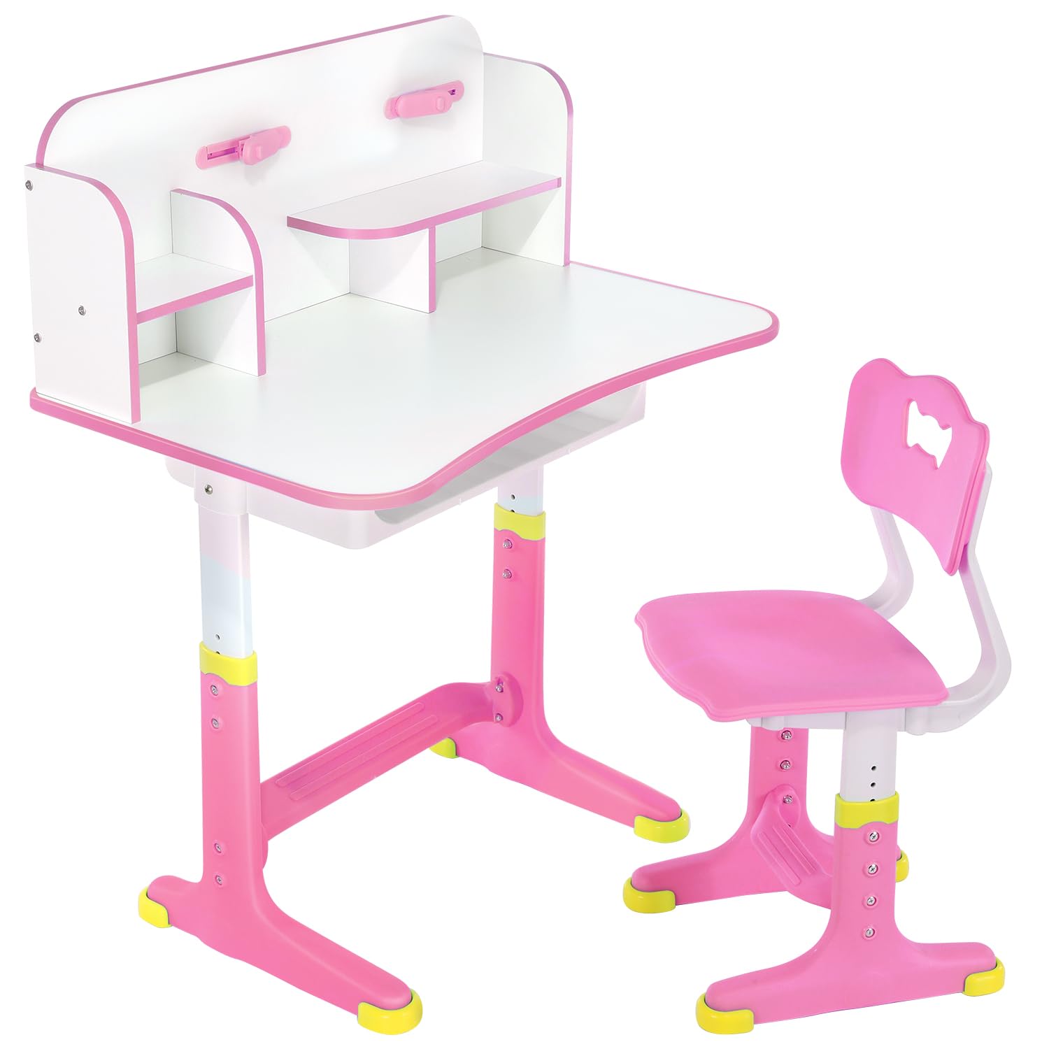 Kinderschreibtisch Set, höhenverstellbarer Kindertisch und Stuhl mit Schublade & Bücherständer, Kinder Schreibtisch für Jungs & Mädchen (Normales-Rosa)