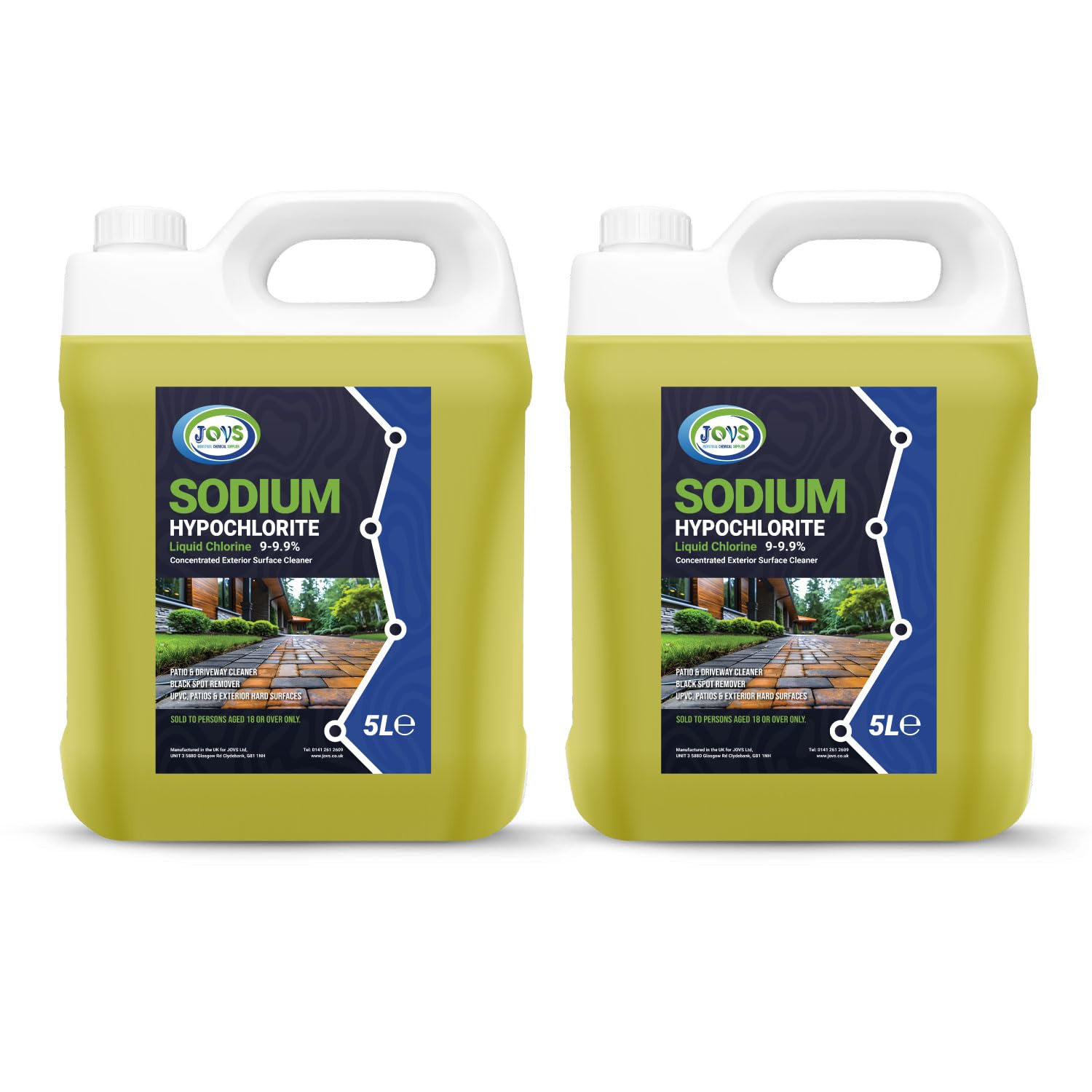 JOVS Sodium Hypochlorite 2x5L – High Strength 9.9% Patio & Driveway Cleaner – Concrete, Brick, Slab, UPVC, Roof & Fence Cleaner – Black Spot, Oil Stain & Odour Remover.
