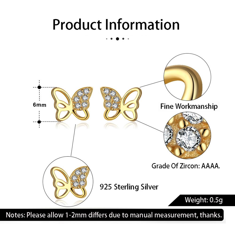 WBDWWTD Massive 14K Gold über Sterling Silber Ohrstecker, Zirkonia Schmetterling Ohrringe/Silber Ohrringe für Frauen