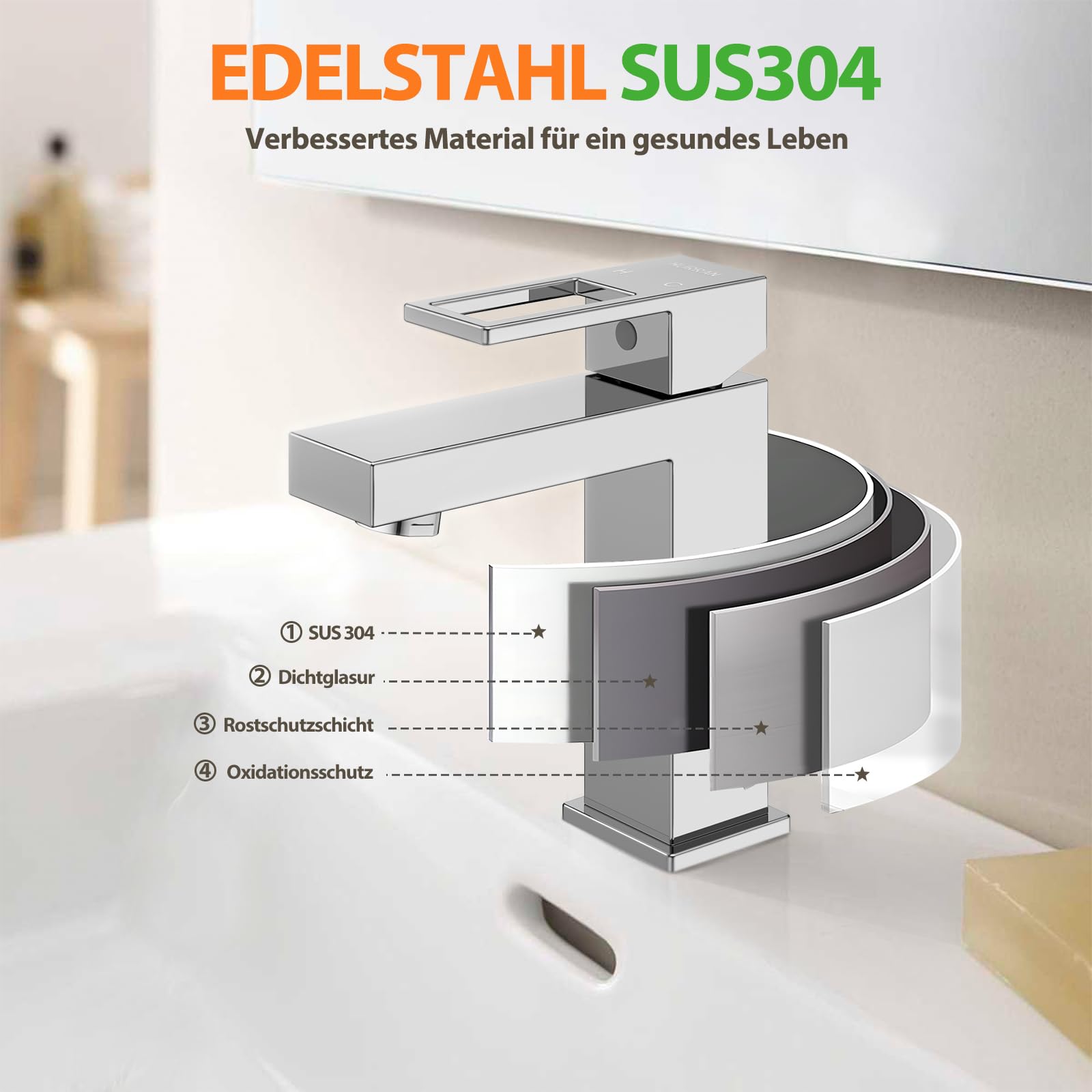 Grifo de baño monomando para lavabo, HURRAN grifo de baño cromado, grifo mezclador de agua caliente/fría, grifos de lavabo, fácil montaje para autocaravanas inodoros lavabos