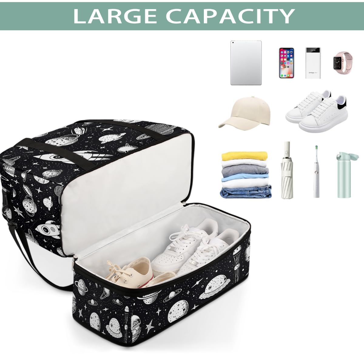 Borsa da viaggio pieghevole astratta con pianeta spaziale, borsa da palestra espandibile con scomparto per scarpe, borsa da fine settimana di grande capacità, borsa da viaggio per viaggi, sport