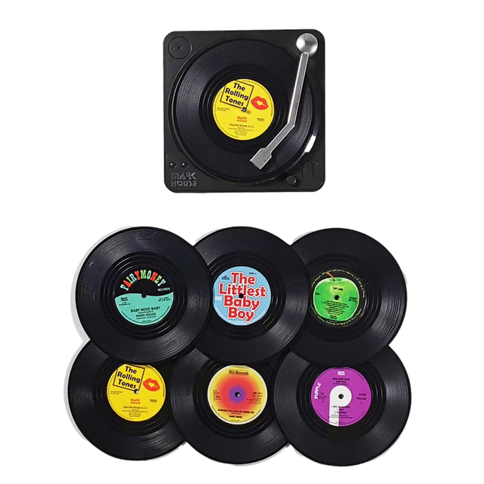Set di 6 sottobicchieri retrò a forma di disco in vinile, con supporto