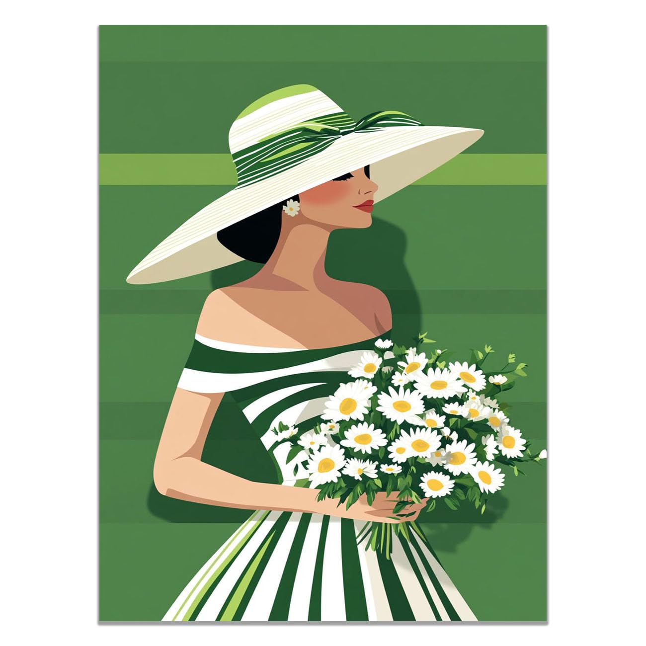 QUSAAOU African Americans Wall Art Green Striped Hat Lady Daisy Bouquet Vintage Tribal Girl Images Elegant Paintings Of Black Women Suitable For Home Wall Decoration(green)-60x90cm1 Unframed