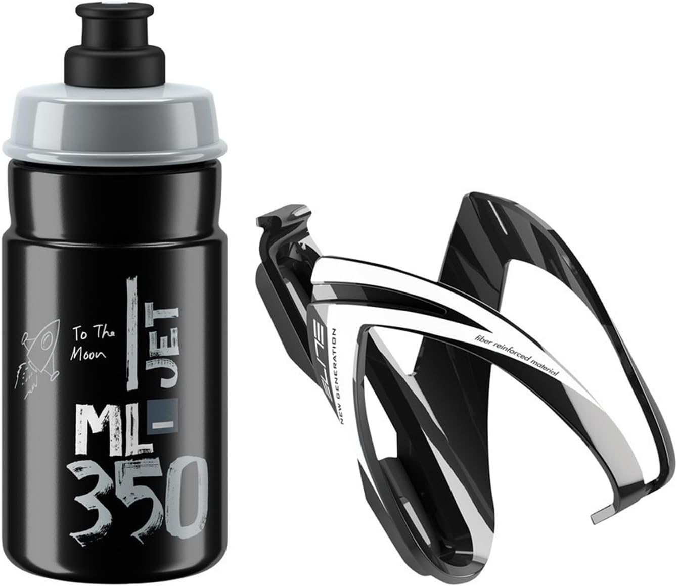 Kit CEO Youth Bottle & Cage Set Black Glossy + Jet 350 Black Grey Logo – 350ml Water Bottle with Ø66mm Cage for Kids & Small Frames – BPA-Free – For Children's Bikes & Compact Frames
