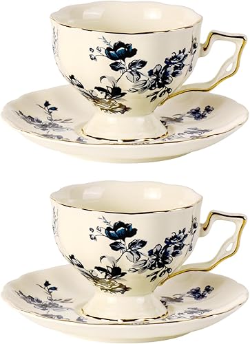 KAMMAK Juego de 2 tazas de té y platillos de porcelana, tazas de café apilables de 6.8 onzas, Demitasse de cerámica para café, café con leche,