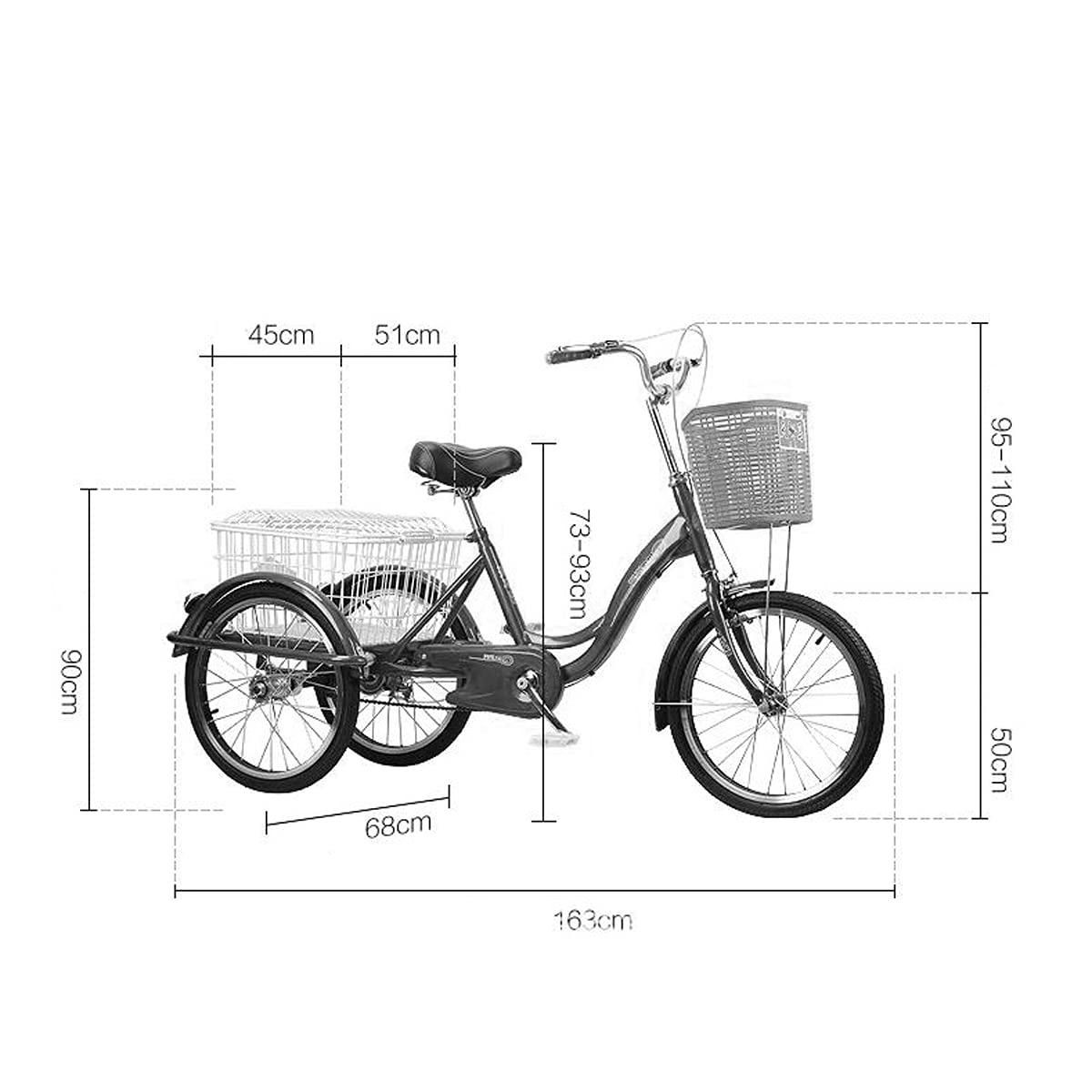 Bici Tre Ruote Esterni 20 Pollici Adulti con Cestino Donne e Uomini, Bici Crociera Tre Ruote con Doppio frenante e Aumento e rafforzamento Telaio pedalare in Bicicletta