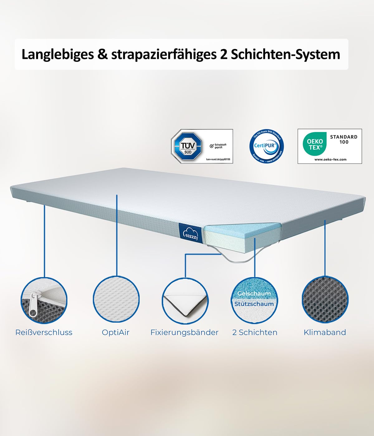 eazzzy Topper Trend - Colchón de 5 cm de Altura, Transpirable, Espuma con Memoria, Apto para alérgicos, con Funda extraíble, 180 x 200 x 5 cm