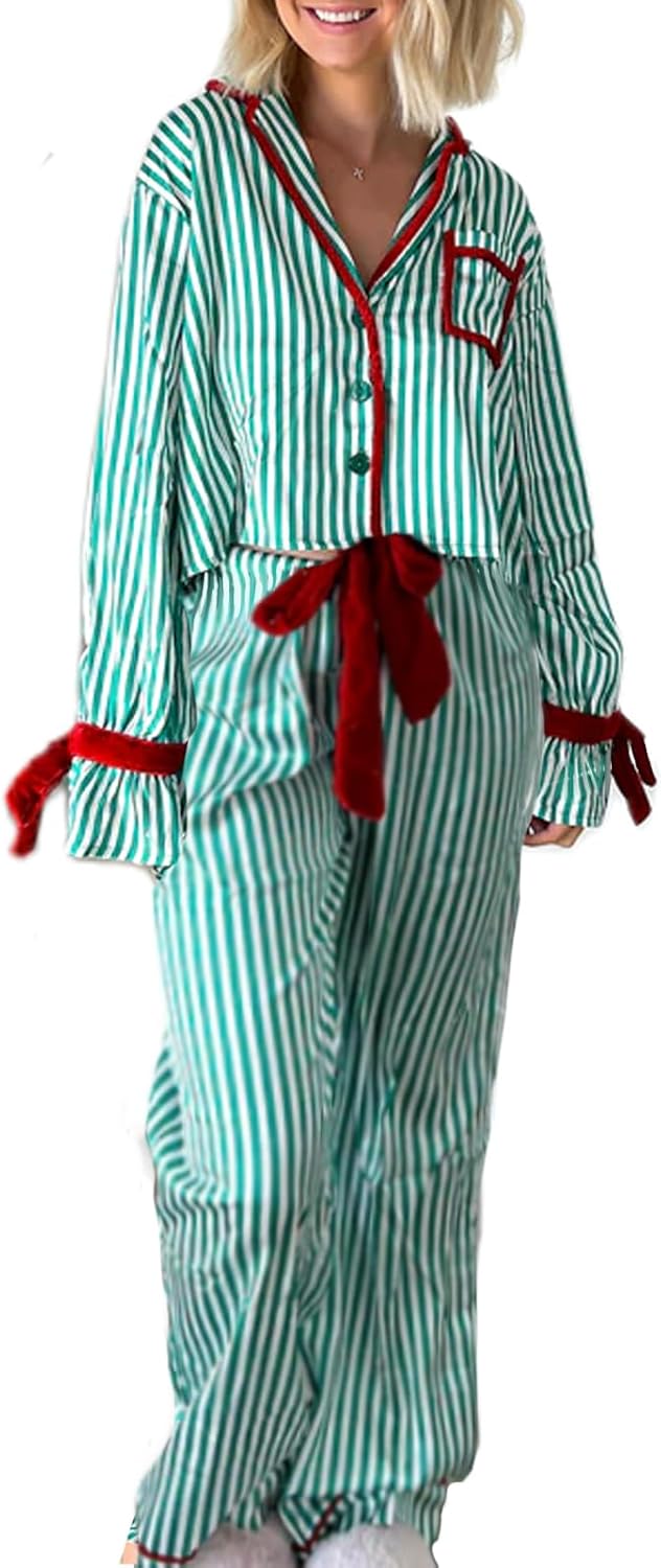 Seyurigaoka Women 2 Piece Christmas Pajamas Set Cute Bow Tie Long Sleeve Shirts Pants Silk Satin Graphic Pjs Sets