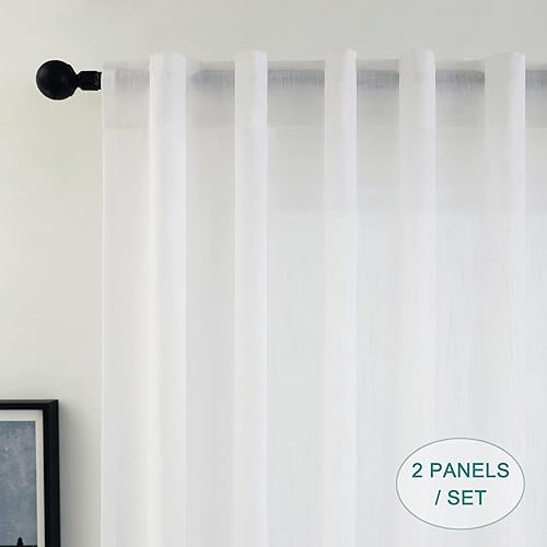 Miniatura 2 de Hoydumuia Cortinas de lino blanco puro de 63 pulgadas de largo con pestaña trasera, bolsillo con lazo y textura de algodón, juego de 2 paneles de