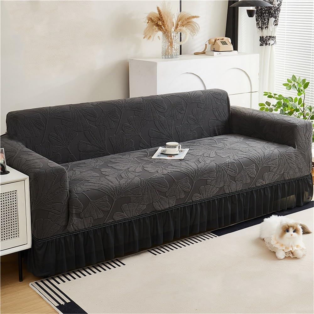 Elastic Sofa Slipcovers with Ruffle Skirt Leaf Jacquard Couch Covers Non-Slip Sofa Seat Cushion Covers Easy Fit Furniture Covers for Armchair Loveseat Sectional Sofa(Green,2 seaters(145-185cm))
